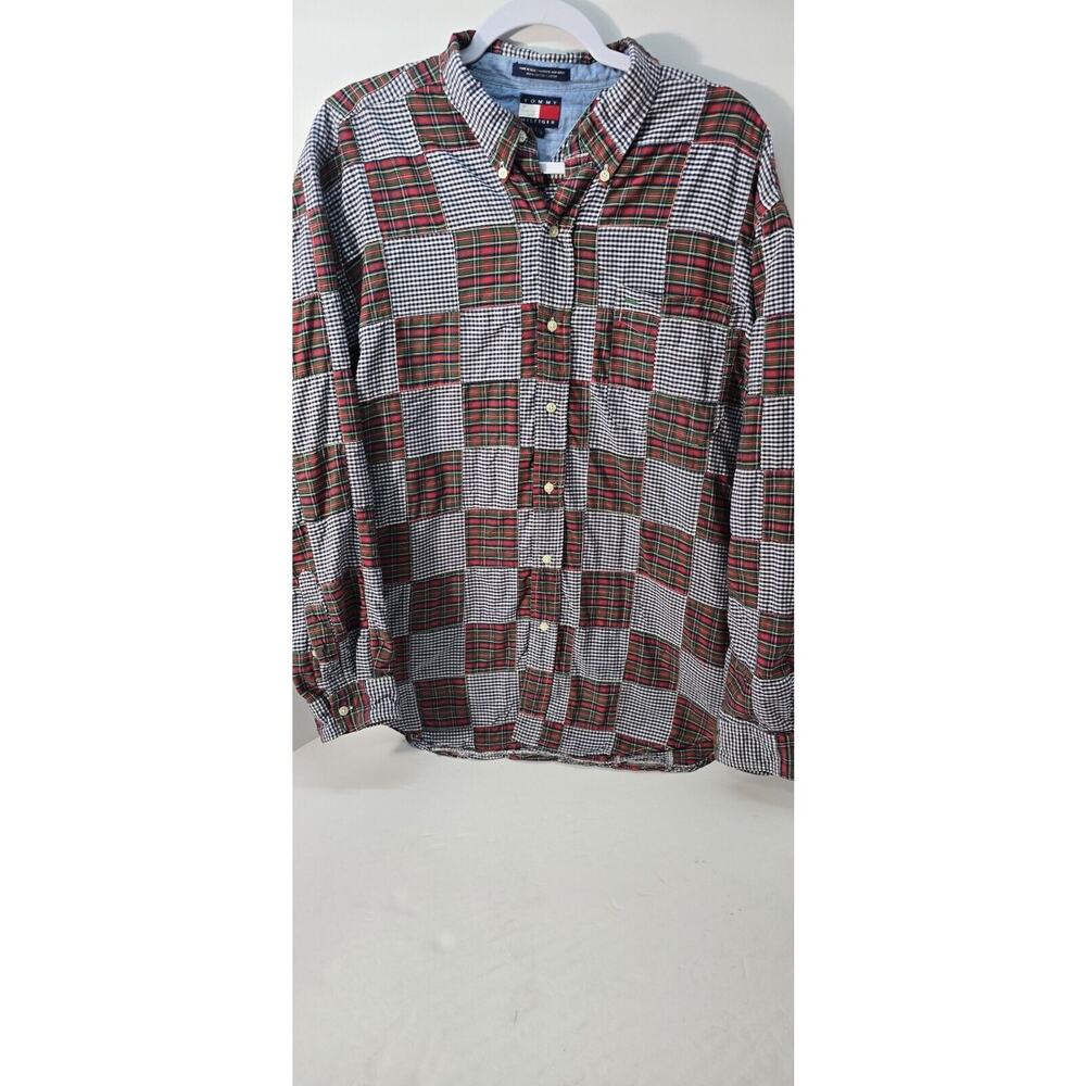 Tommy Hilfiger Button Up Long Sleeve Patchwork Plaid Men's Shirt L Vintage 90s